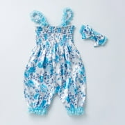 Sleeveless Preemie Pajamas for Girls Flare Blue Tropical Strappy Smocked Lace Romper Baby Girl Sleepers 66
